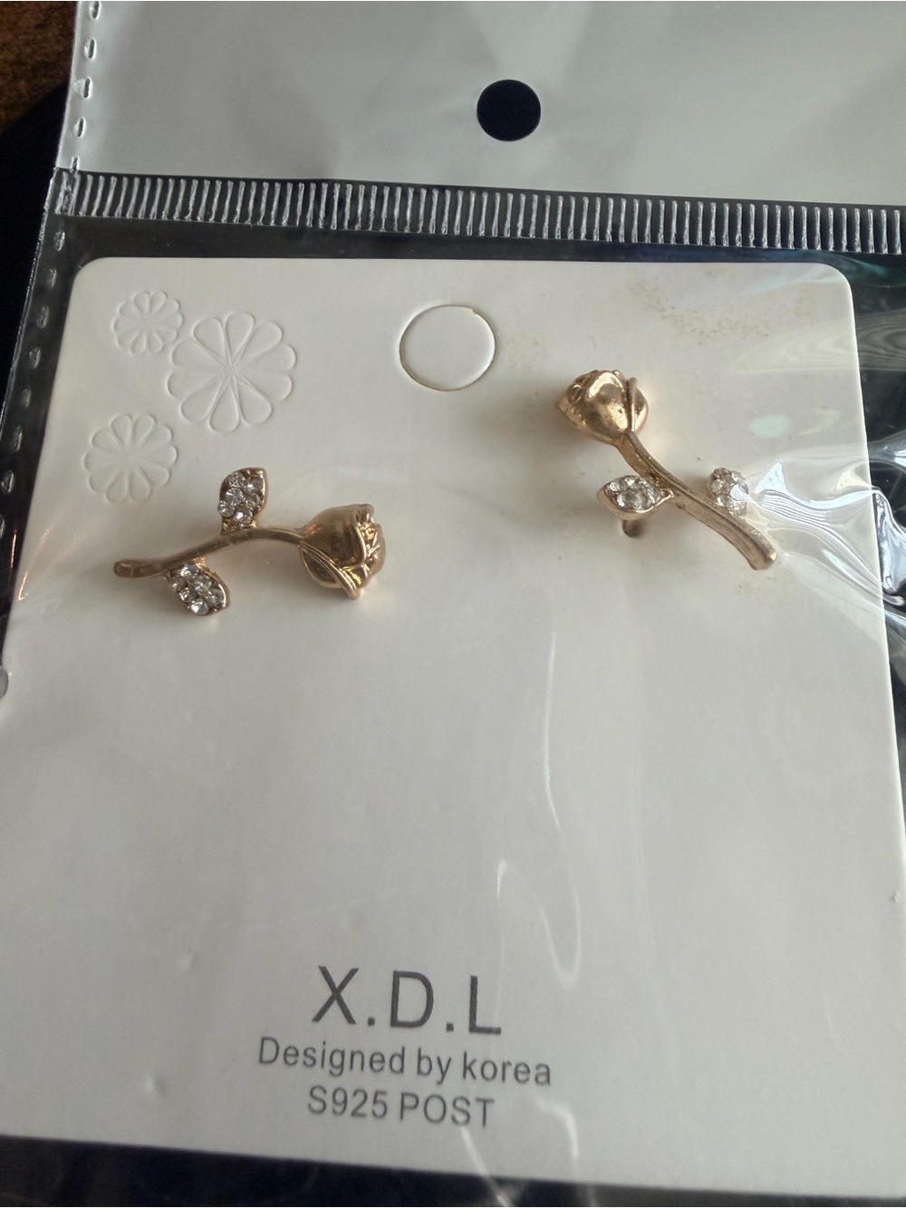 Gold Rose Bud Stud Earrings with Crystal Leaves